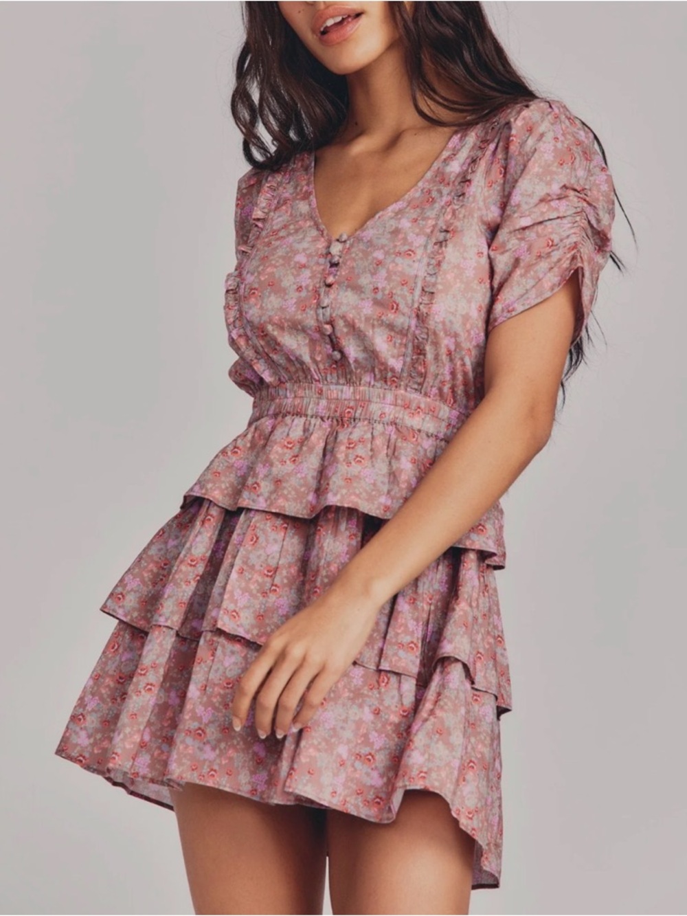 LoveShackFancy Pink Floral Tiered Ruffle Mini Dress